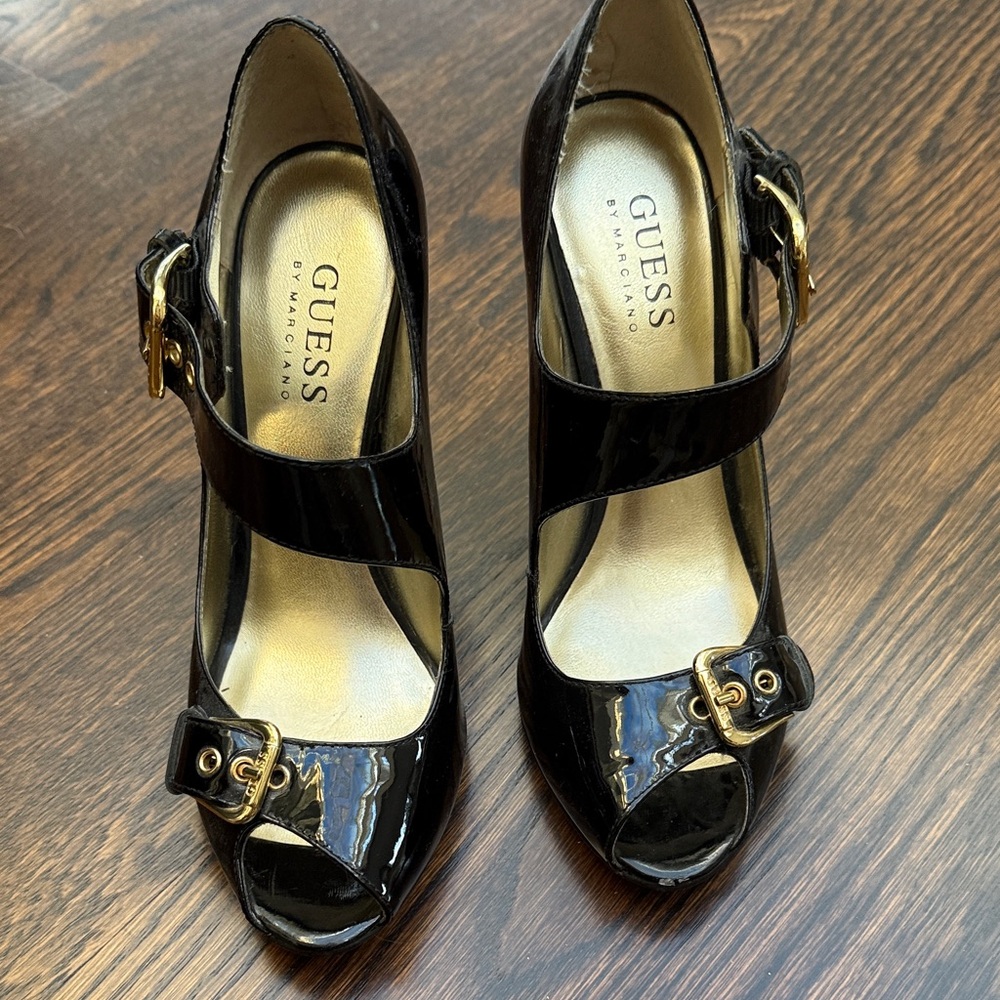 Guess Black Patent Leather Heels with Gold Buckle